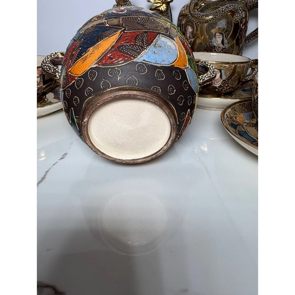 Vintage Japanese Satsuma Moriage‎ Dragon Tea Set Hand Painted Gold Gilt 11pc